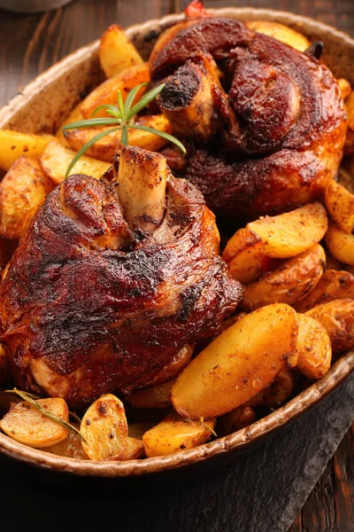 Grilled barbecue meat with baked potato and dip — Stock Photo, Image