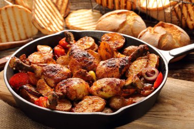 Kavrulmuş Tavuk budu kızartma tavası pişmiş patates ile