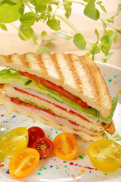 Fresh sandwiches on wooden background — Stock Photo, Image