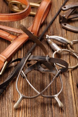 Ahşap arka plan üzerinde at ekipman kümesi