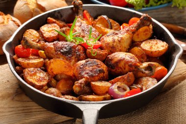 Kavrulmuş Tavuk budu kızartma tavası pişmiş patates ile
