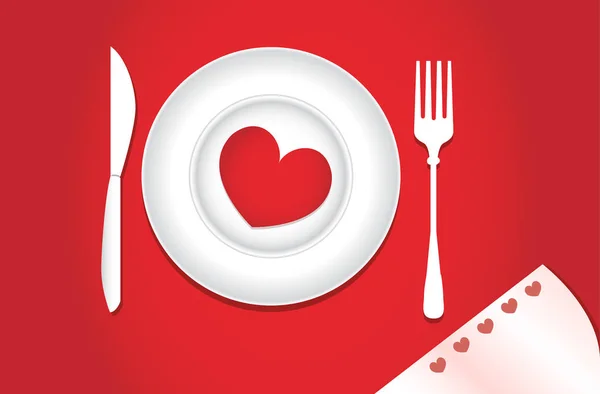 Coração num prato para o jantar. Uma noite romântica —  Vetores de Stock
