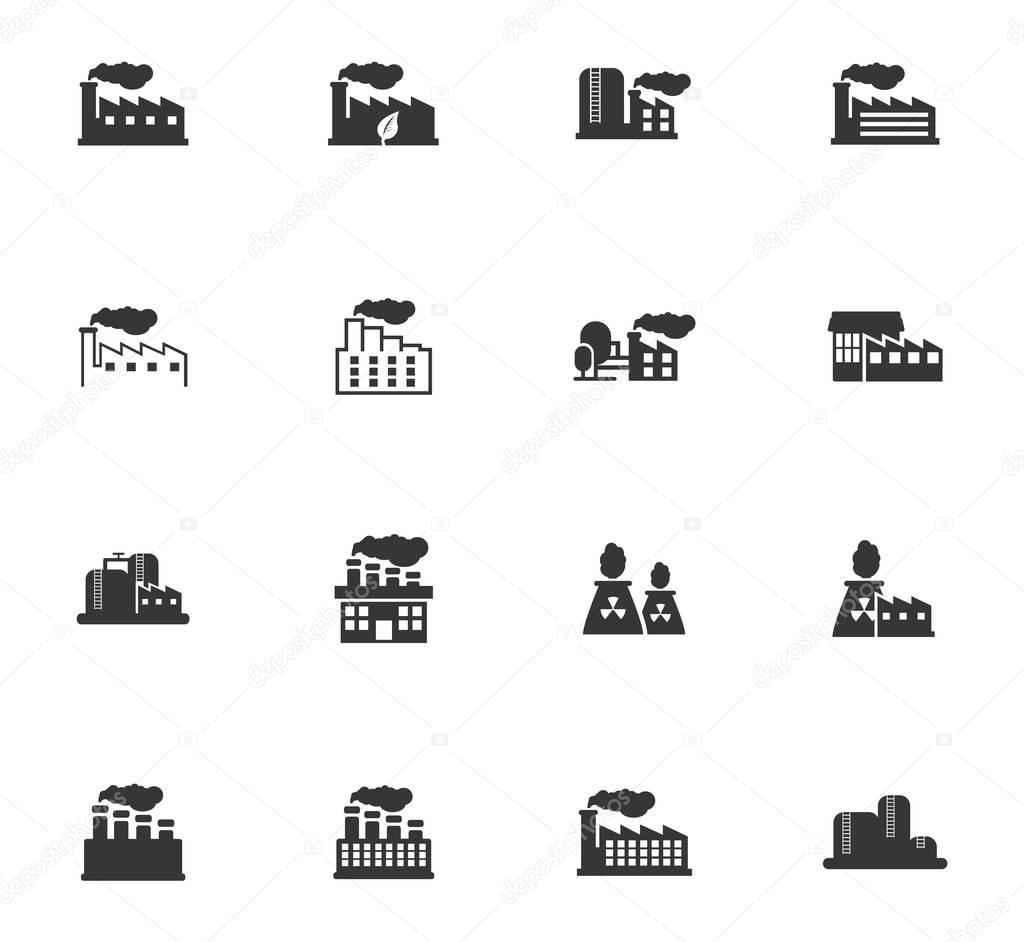 Industrial building factory and power plants icon set