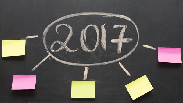 Nouveaux objectifs ou résolutions de l'année - notes collantes sur un tableau noir — Photo