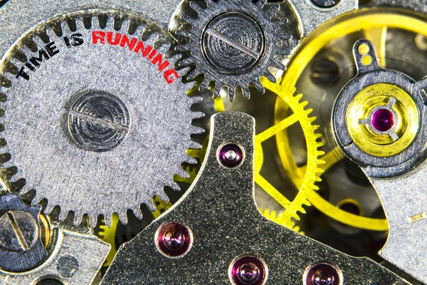 Clockwork old mechanical  high resolution with words Time is run — Stock Photo, Image