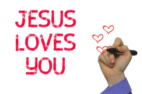 Mão com marcador escrevendo palavra Jesus te ama — Fotografia de Stock