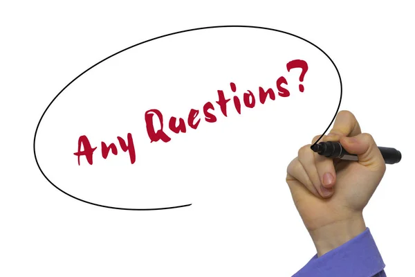 Frau handschriftlich irgendwelche Fragen? auf transparentem Karton mit Witz — Stockfoto