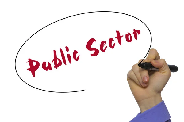 Vrouw Hand schrijven publieke Sector op lege transparant bord met — Stockfoto