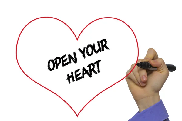 Man Hand writing Open your heart with marker on transparent wipe — Stock Photo, Image