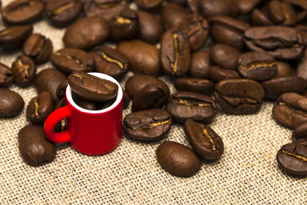 Taza llena de granos de café en el saco de tela —  Fotos de Stock