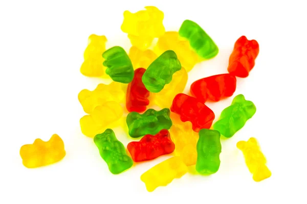 Πράσινο κίτρινο κόκκινο gummy αρκούδες που απομονώνονται σε λευκό φόντο — Φωτογραφία Αρχείου