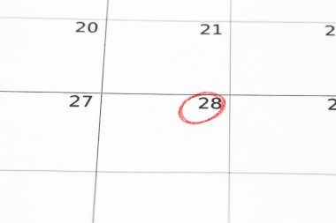 Takvim - 28, yazılı tarihi kaydetmek kırmızı işareti, daire içine