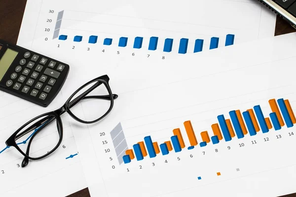 Preparing report. Blue graphs and charts. Business reports and p — Stock Photo, Image