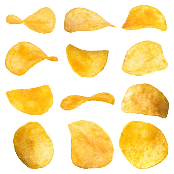 Conjunto de papas fritas de primer plano sobre un fondo blanco aislado — Foto de Stock