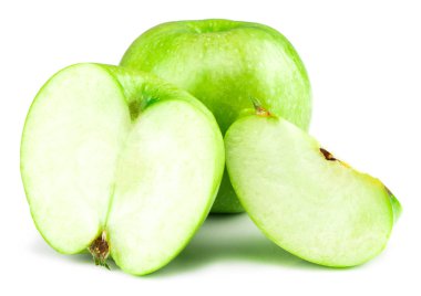 Yeşil elma meyve ve üzerinde beyaz backgro izole elma dilim