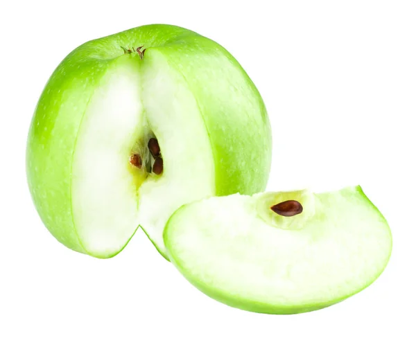 Pommes vertes et tranches de pomme isolées sur fond blanc — Photo