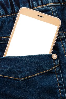 Smartphone ile mavi kot pantolon cebinde. Vintage denim moda giyim