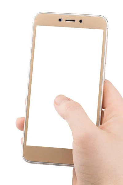 Hand met telefoon geïsoleerd op witte uitknippad binnen — Stockfoto