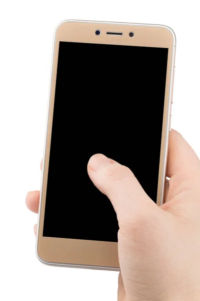 Hand som håller telefonen isolerad på vita urklippsbana inuti — Stockfoto