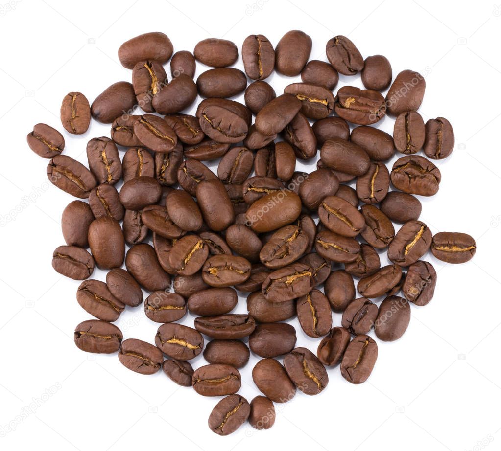 Roasted coffee beans pile from top isolated on white background 