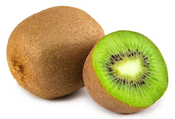 Rijpe hele kiwi fruit en halve kiwi fruit geïsoleerd op witte achterzijde — Stockfoto