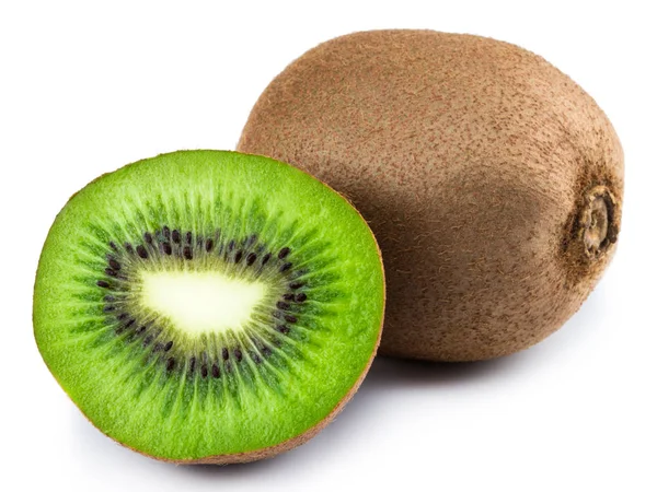 Rijpe hele kiwi fruit en halve kiwi fruit geïsoleerd op witte achterzijde — Stockfoto