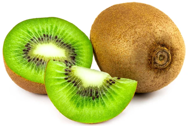 Rijpe hele kiwi fruit en halve kiwi fruit geïsoleerd op witte achterzijde — Stockfoto