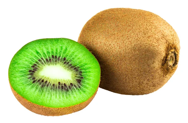 Rijpe hele kiwi fruit en halve kiwi fruit geïsoleerd op witte achterzijde — Stockfoto