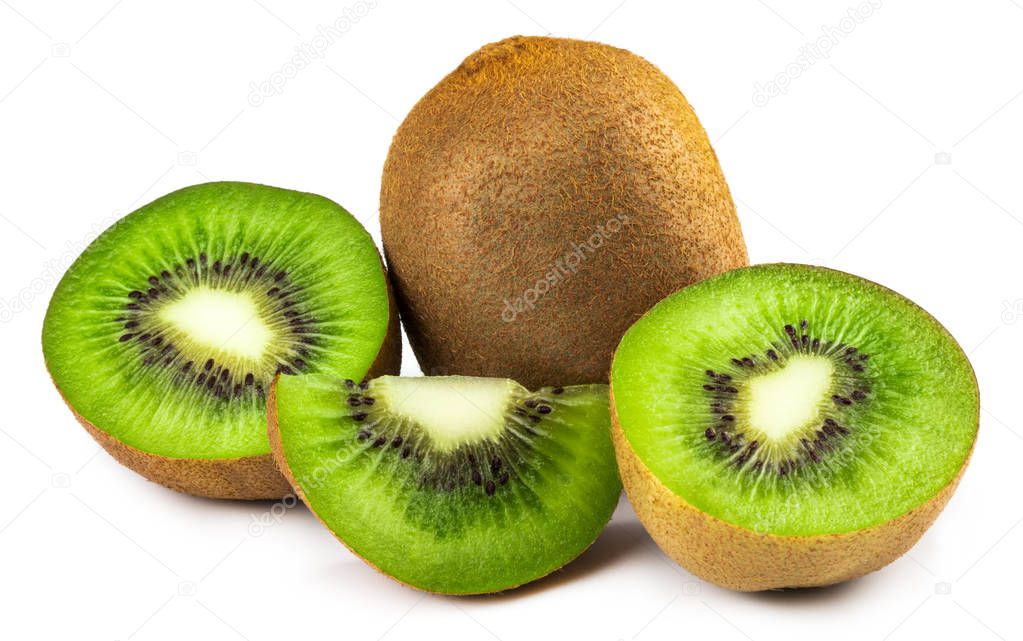 Ripe whole kiwi fruit and half kiwi fruit isolated on white back