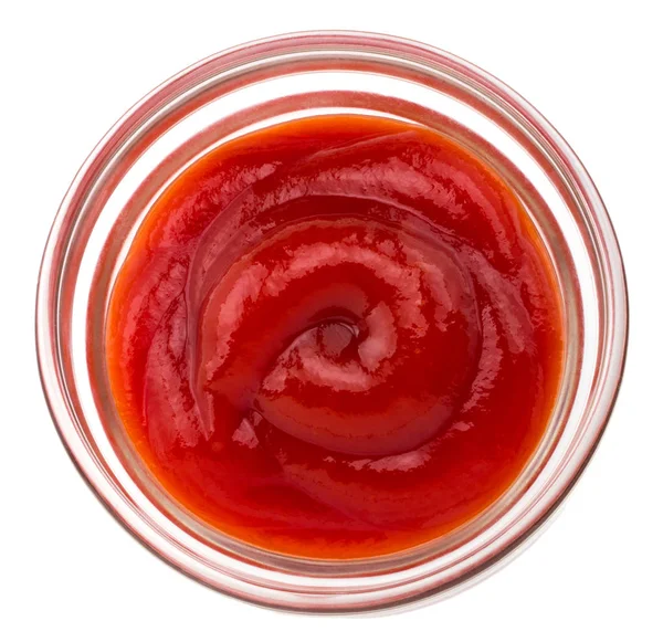 Kis fűszer üvegtál piros Paradicsom szósz, ketchup. Elszigetelt — Stock Fotó