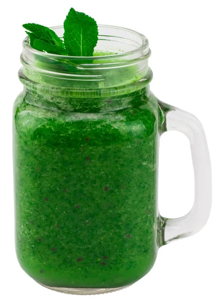 健康的绿色冰沙与菠菜在罐子杯隔离在 — 图库照片