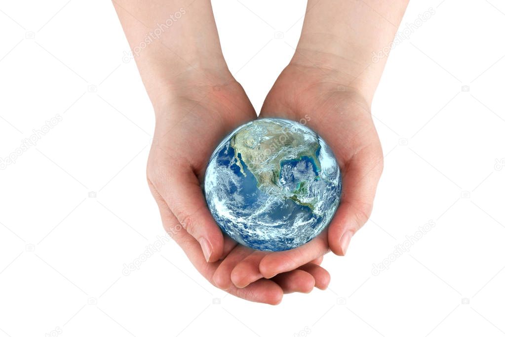 Woman holding globe on her hands,. Elements of this image furnis