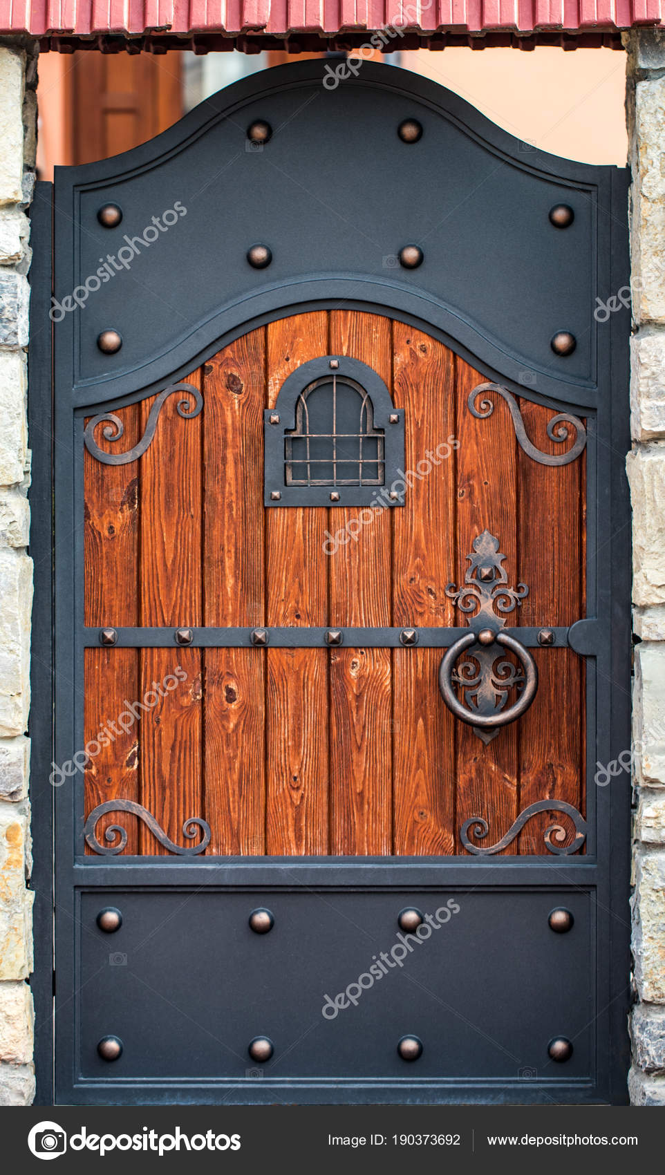 Wooden Gate With Wrought Iron Elements Close Up Stock Photo C Alex Skp 190373692