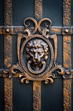Bilgi, yapısı ve süs Dövme demir kapısı. Aslan dekor