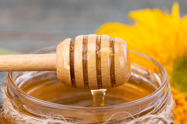 Medový podklad. Čerstvý med v hrnci s slunečnicovým květinou — Stock fotografie