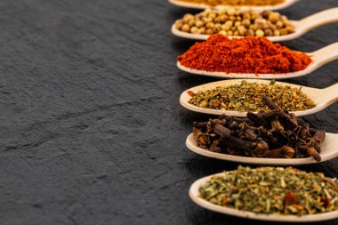 Koyu arkaplanda çeşitli baharatlar, kopyalama alanı.