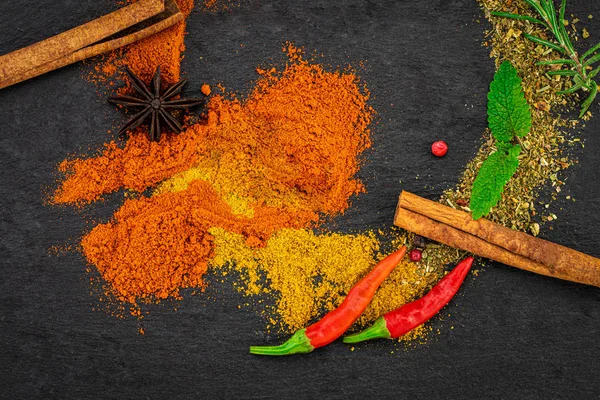 Colourful Various Herbs Spices Dark Background — Stock Photo, Image