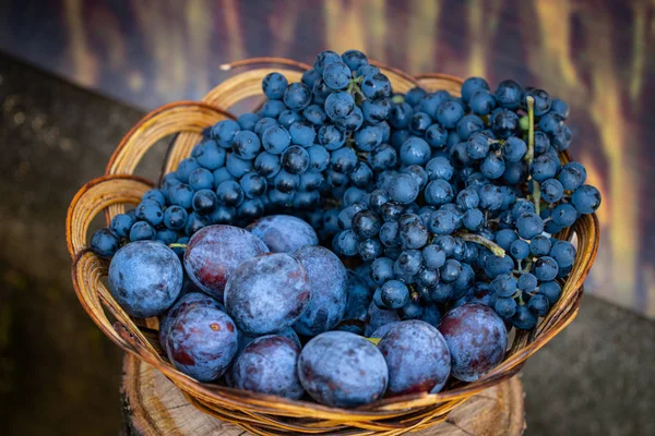 Plums and grapes in a wooden bowl — Stock Photo, Image