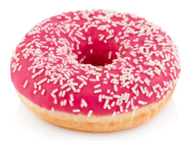Beyaz arka planda izole edilmiş renkli parçacıkları olan pembe donut.