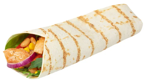 Tortilla wrap with fried chicken meat and vegetables isolated on — Stock Photo, Image