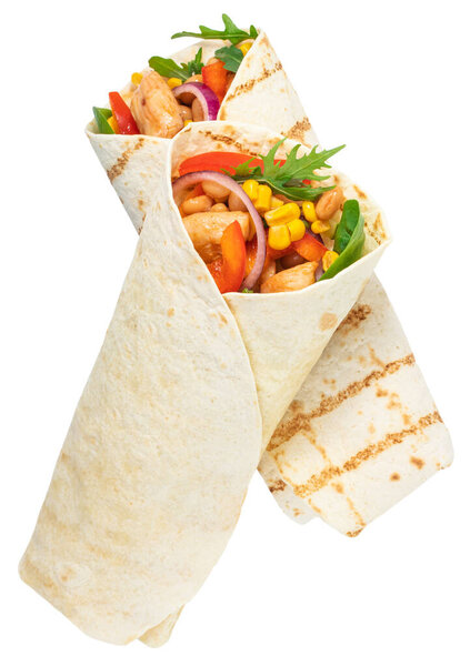 Tortilla wrap with fried chicken meat and vegetables isolated on white background