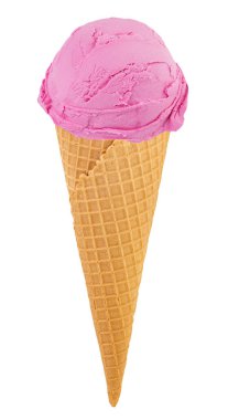 Beyaz arka plandaki külahta kırpma yolu olan çilekli dondurma..