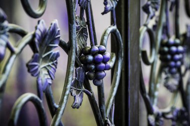 Sahte üzüm demeti. Metal kapı dekorasyonunun süslü demirden elementleri..