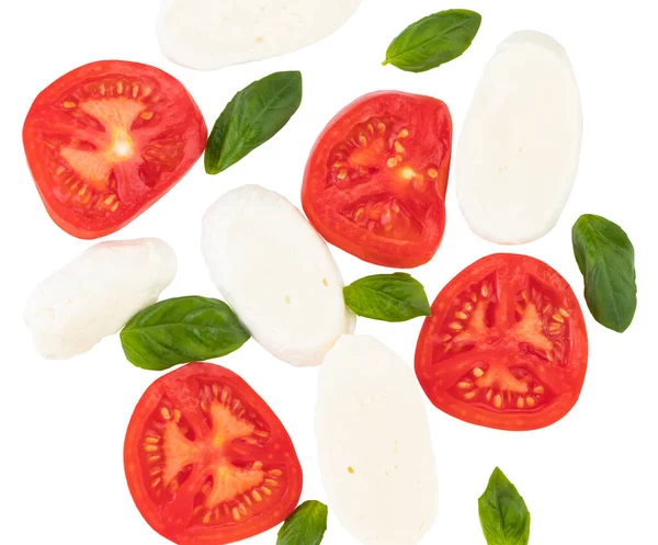 Mozzarella Tomater Och Basilika Vit Bakgrund Uppifrån — Stockfoto