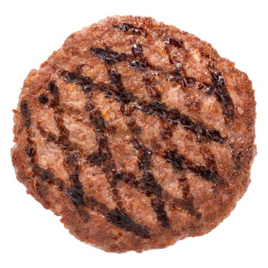 Izgara burger eti beyaz arka planda izole, üst manzara.