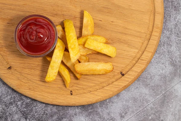 French Fries Ketchup Wooden Background Top View — Stock Photo, Image