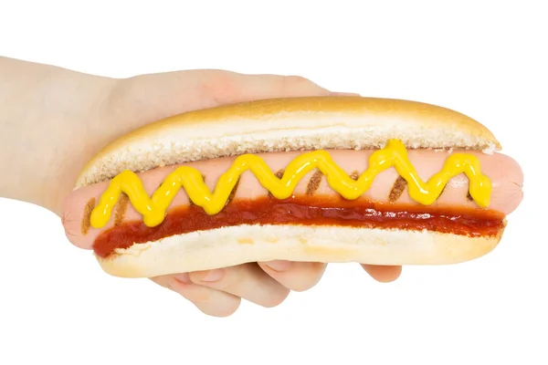 Ruční Držení Hot Dog Hořčicí Izolované Bílém Pozadí Cesta Oříznutí — Stock fotografie