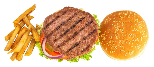 Hamburger Grande Con Patatine Fritte Isolate Sfondo Bianco Vista Dall — Foto Stock