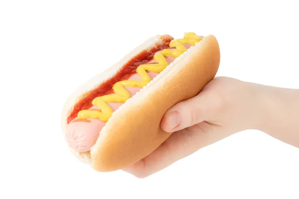 Hand Hält Hot Dog Mit Senf Isoliert Auf Weißem Hintergrund — Stockfoto