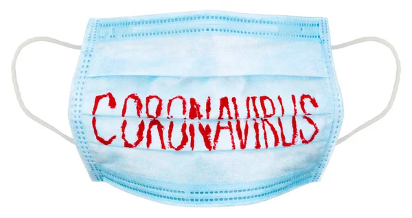 Üzerinde Koronavirüs Olan Tıbbi Tek Kullanımlık Yüz Maskesi Beyaz Arkaplanda — Stok fotoğraf